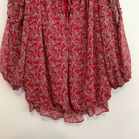 MAX STUDIO Georgette Elbow Sleeve Cold Shoulder Blouse Red White Floral Boho Top - Picture 6 of 16